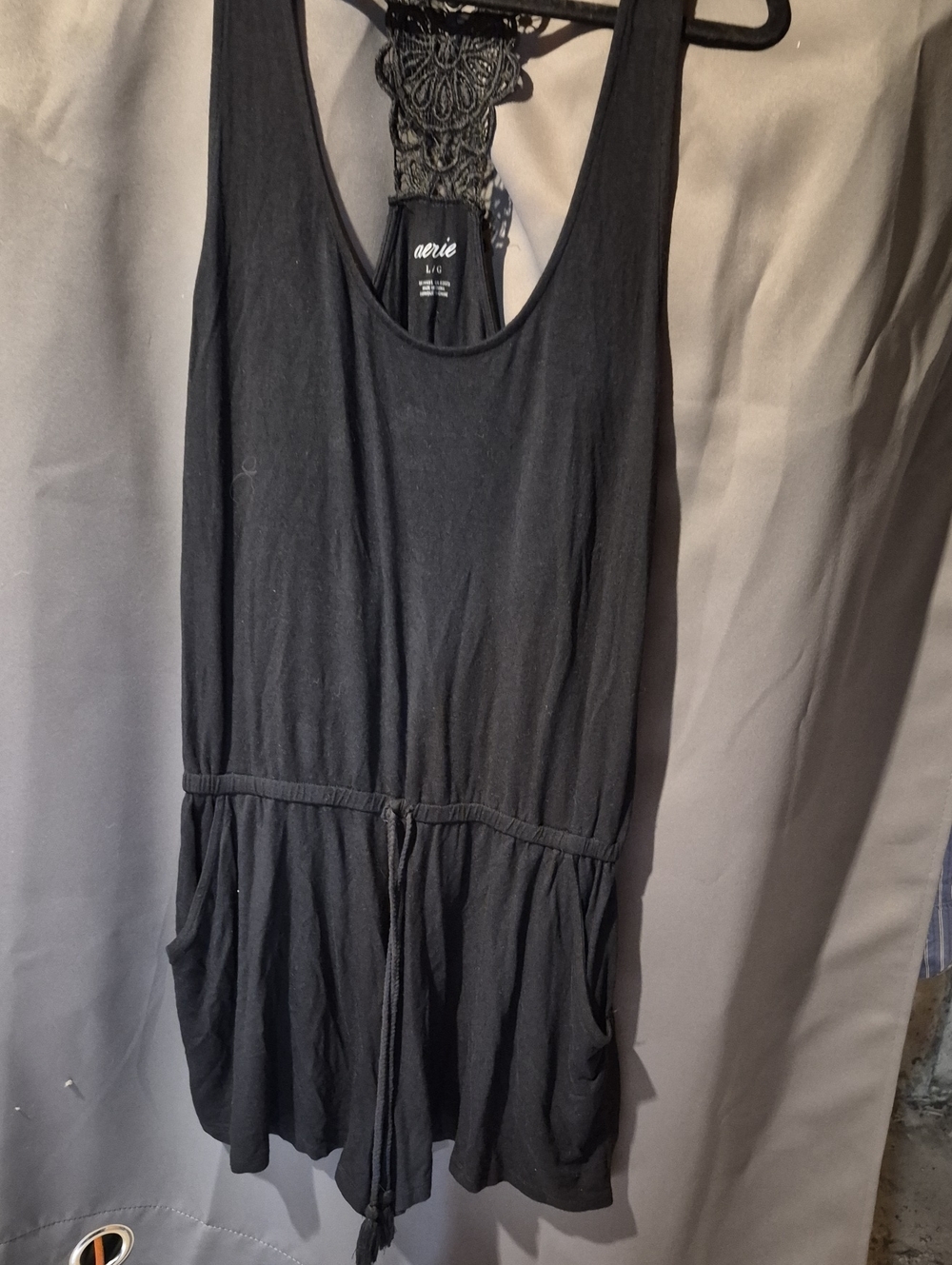 aerie Black Sleeveless Lace-Back Shorts Romper Size L with Drawstring Waist
